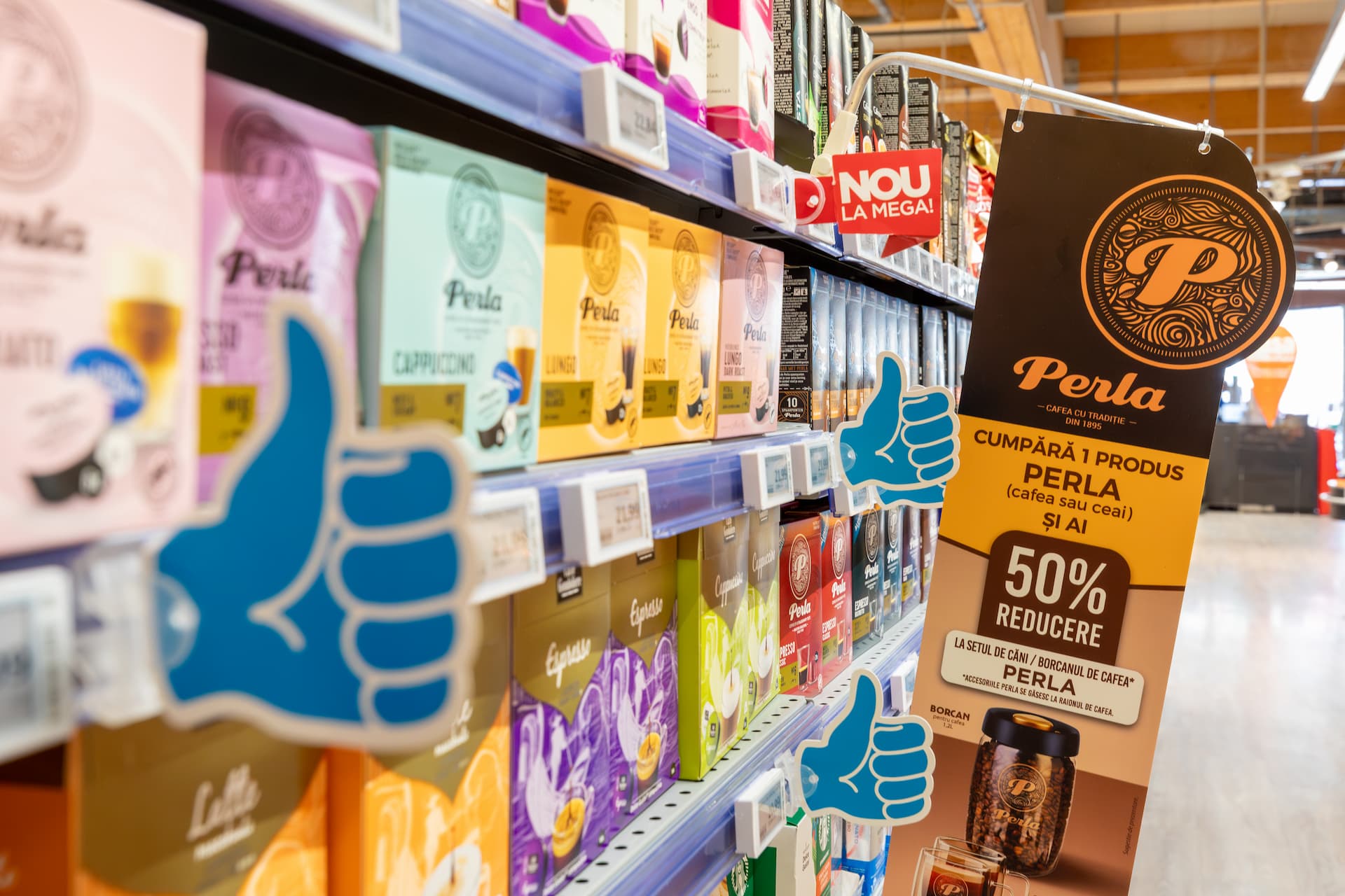 A close up shot of a row of products in a supermarket