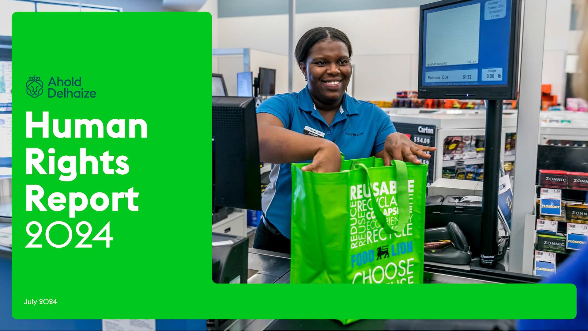 a woman working on a checkout packing a grocery bag