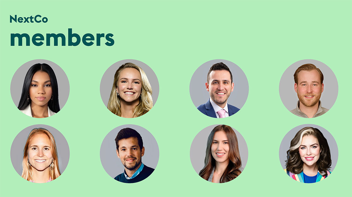 Headshots of NextCo members in circles on a mint green background