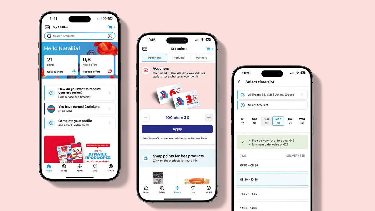 Three phone screen mock ups on a light pink background.